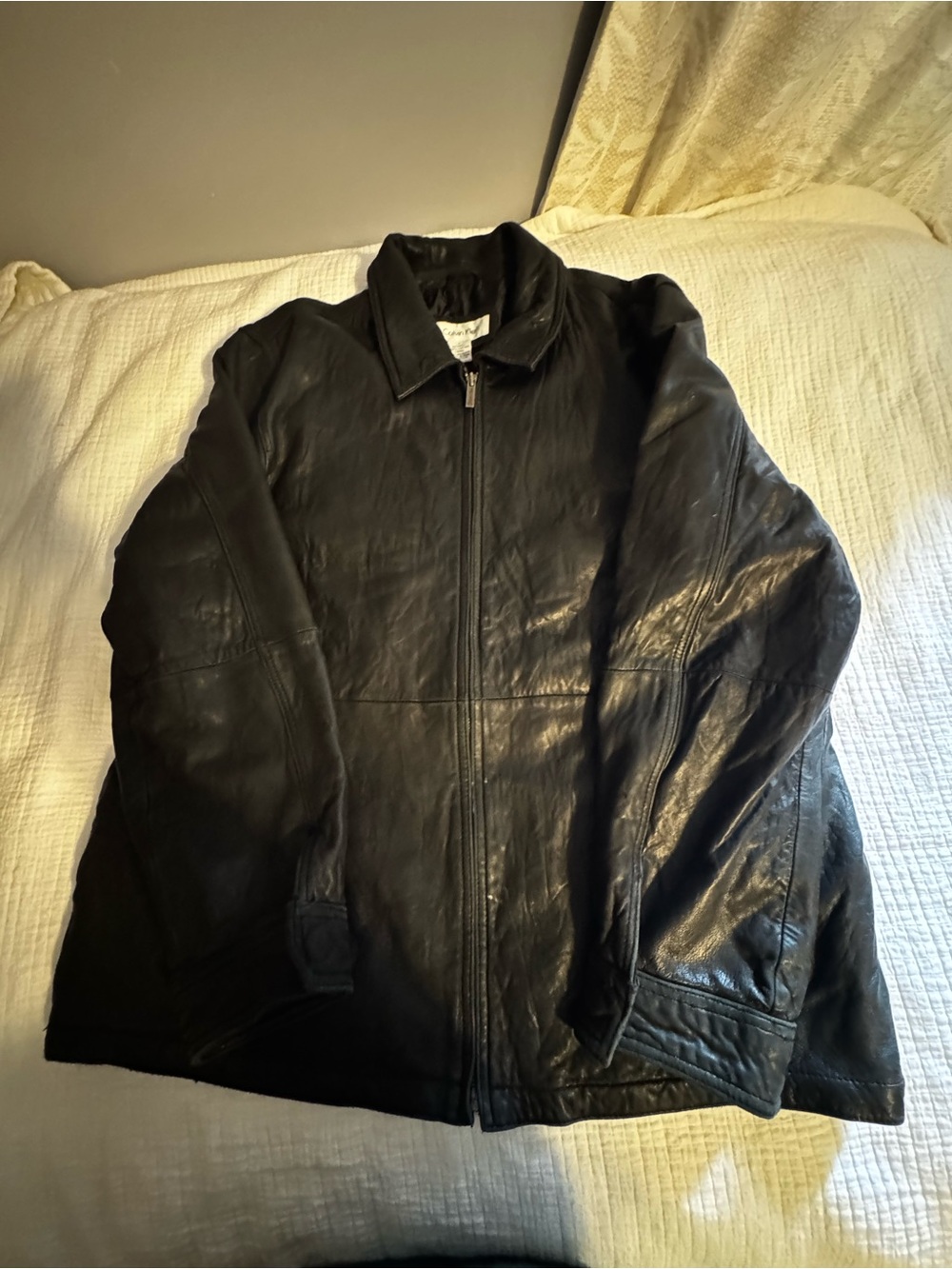 Calvin Klein Black Leather Jacket Men's Large Soft Quilt Lined Classic Full Zip